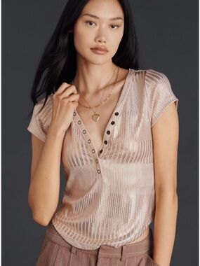 Pilcro by Anthropologie Andie Scoop-Neck Ribbed Henley Top – Shine Edition